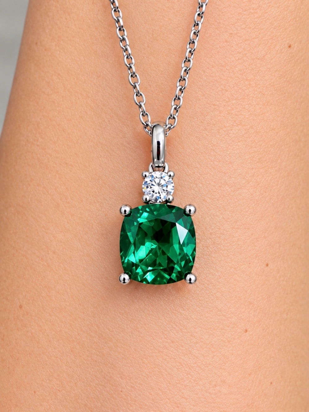 Emerald Green Cushion Pendant Necklace